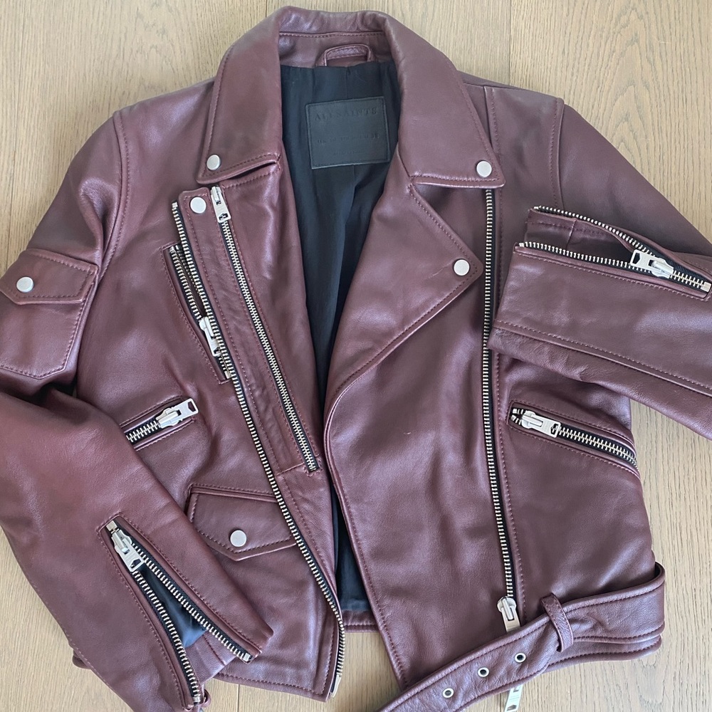 ALLSAINTS MAROON LEATHER JACKET. Size US 6.